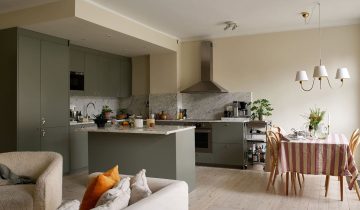 A green living kitchen and green bedroom wallpaper