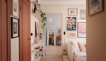 A small Swedish home with dusty pink doors and a sky-blue bedroom