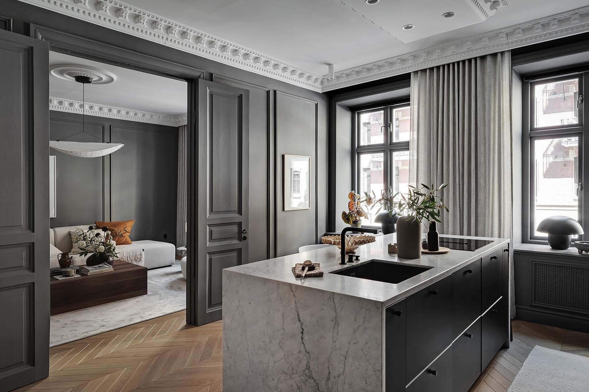 Dark Grey Walls With Wainscoting And A Minimal Black Kitchen14.jpg