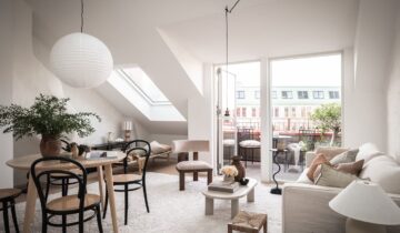 Modern attic flat with a dark wood kitchen and a loft bed