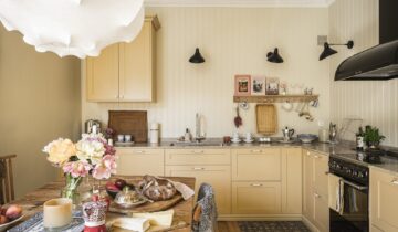 Romantic-style historic apartment with a yellow shaker kitchen