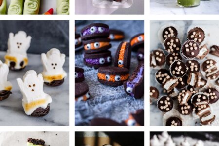 roundup of various halloween desserts with cookies, cakes, and other baked goods