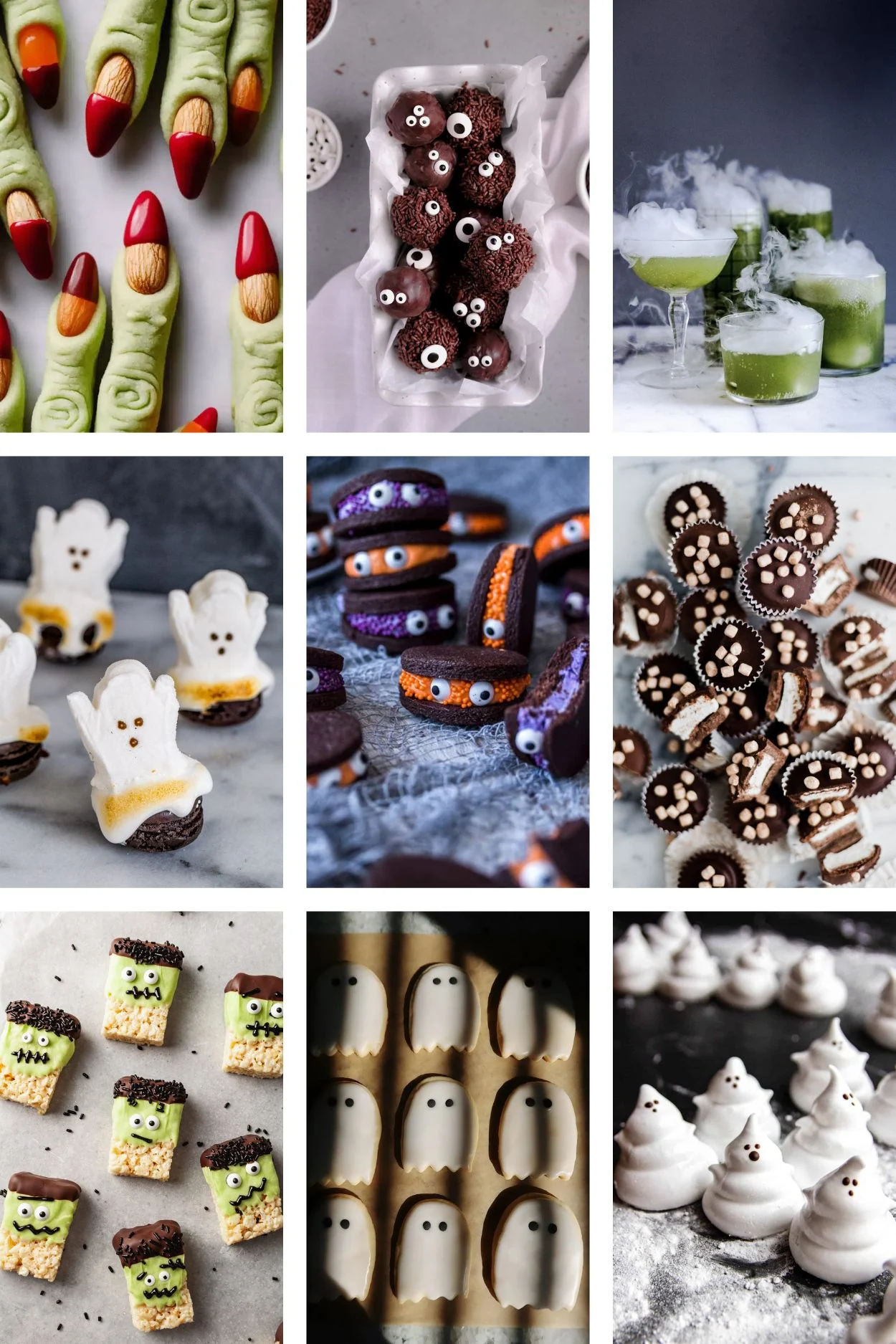 roundup of various halloween desserts with cookies, cakes, and other baked goods